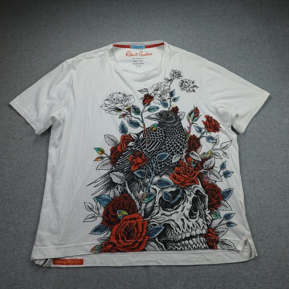 Robert Graham Other - Robert Graham Shirt Mens XL White Gothic Graphic Skull Crow Roses Tee